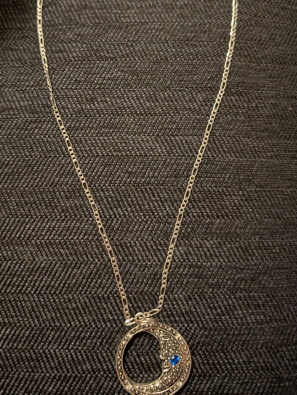 Silver Tone Crescent Moon Pendant Necklace with Blue Accent